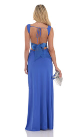 Satin Open Back Bow Maxi Dress in Blue